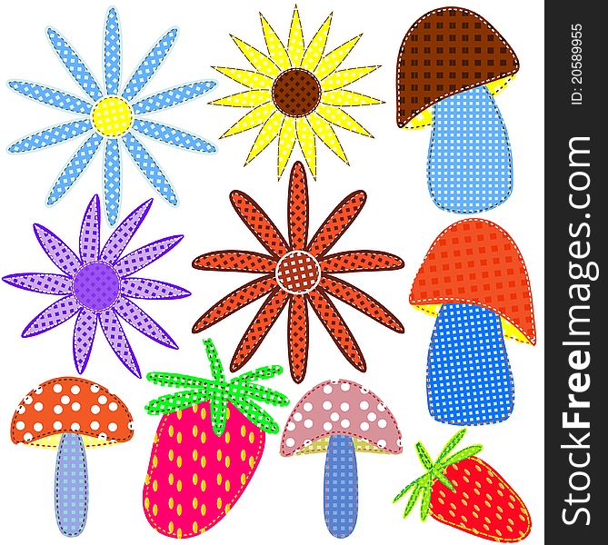 Aplique work in form colour, mushroom and fabrics berries. Vector illustration