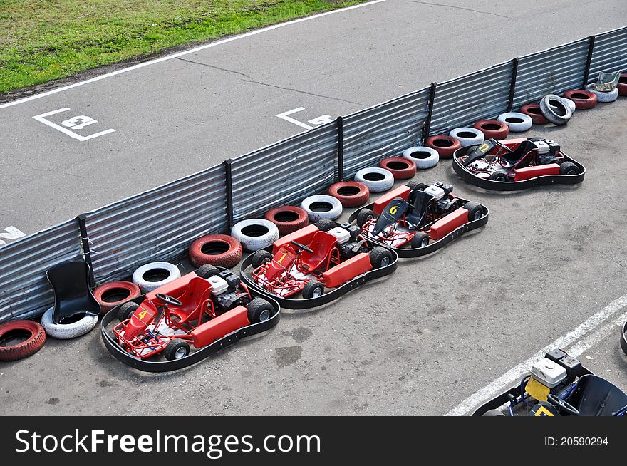 Racing karts in the parc fermé. Racing karts in the parc fermé