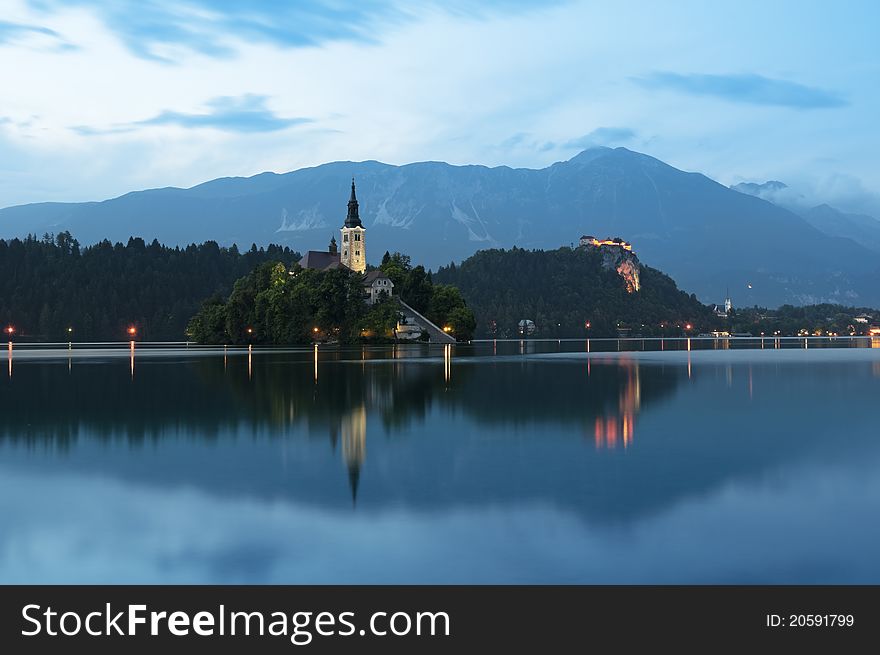 View of  St. MaryÂ´s Church of the Assumptionon in Bled at night. View of  St. MaryÂ´s Church of the Assumptionon in Bled at night.