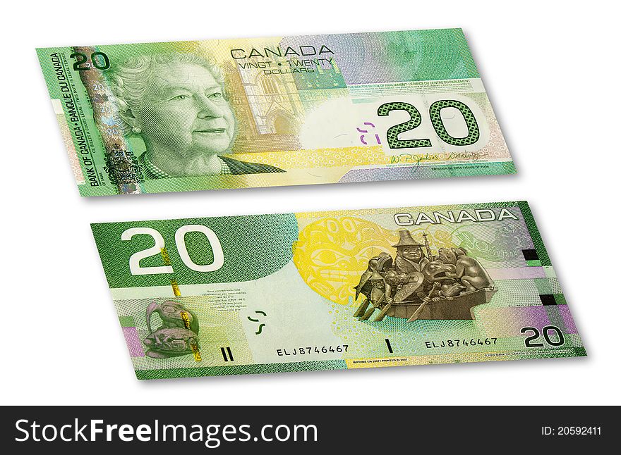 $20 Canadian Banknote. Obverse and the reverse of $20 bill. With clipping path.