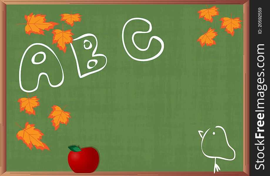 Green background - green blackboard with drawings and red apple. Green background - green blackboard with drawings and red apple