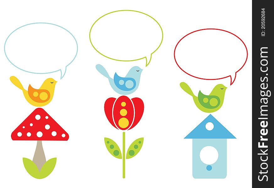 Set of cute colorful birds with speech bubbles. Set of cute colorful birds with speech bubbles