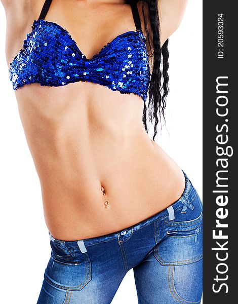 Beautiful sexy woman torso in blue, white background