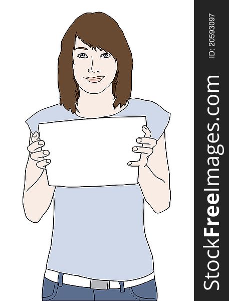 Young girl holding blank paper sheet