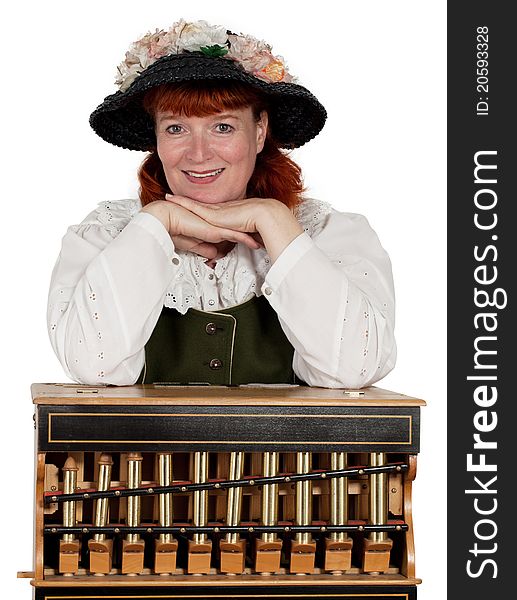 A woman barrel organ player isolated on white. A woman barrel organ player isolated on white