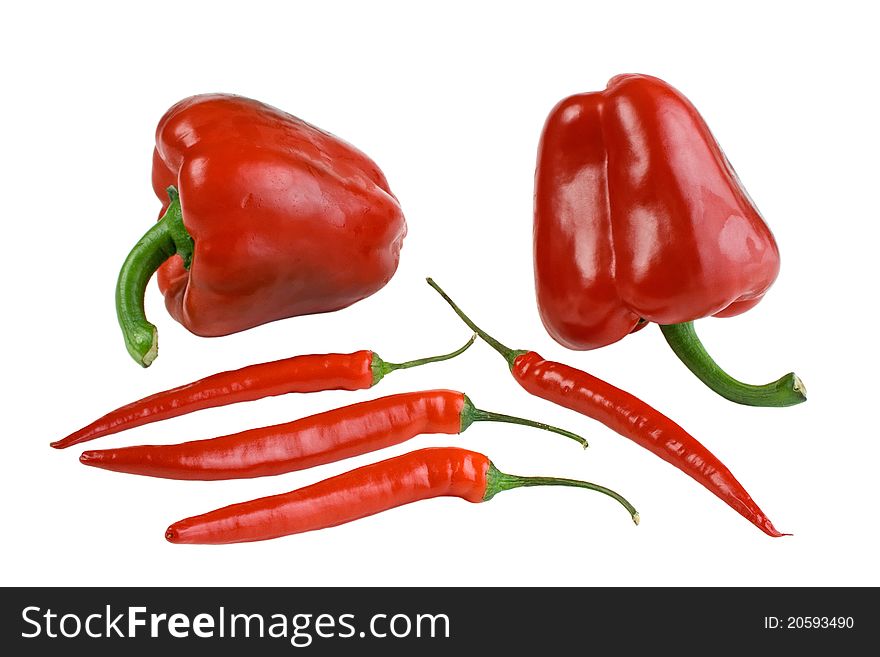 Red peppers, paprika and hot chili, isolated on white.