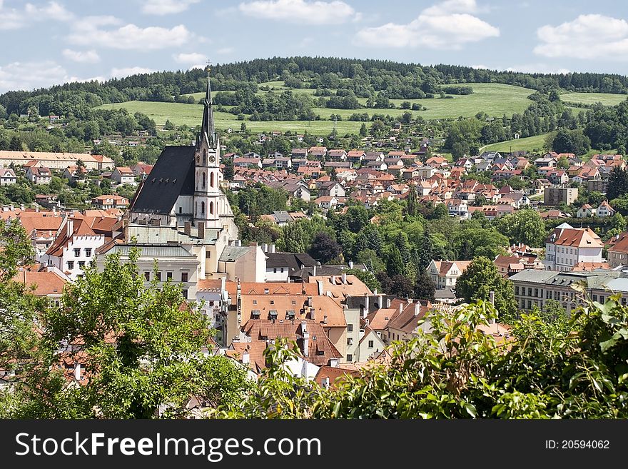 View of the historical part of Cesky Krumlov with Church of St. Vitius, Czech Republic