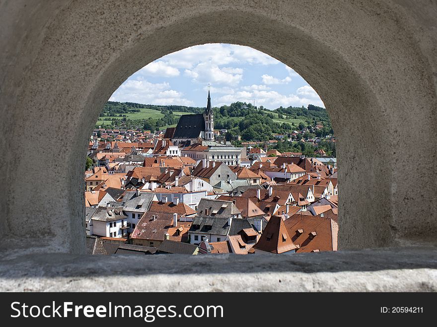 View of the historical part of Cesky Krumlov with Church of St. Vitius, Czech Republic