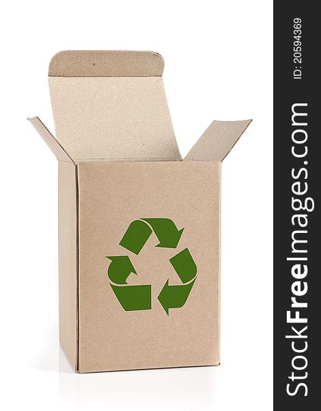 Green recycle sign on open paper box