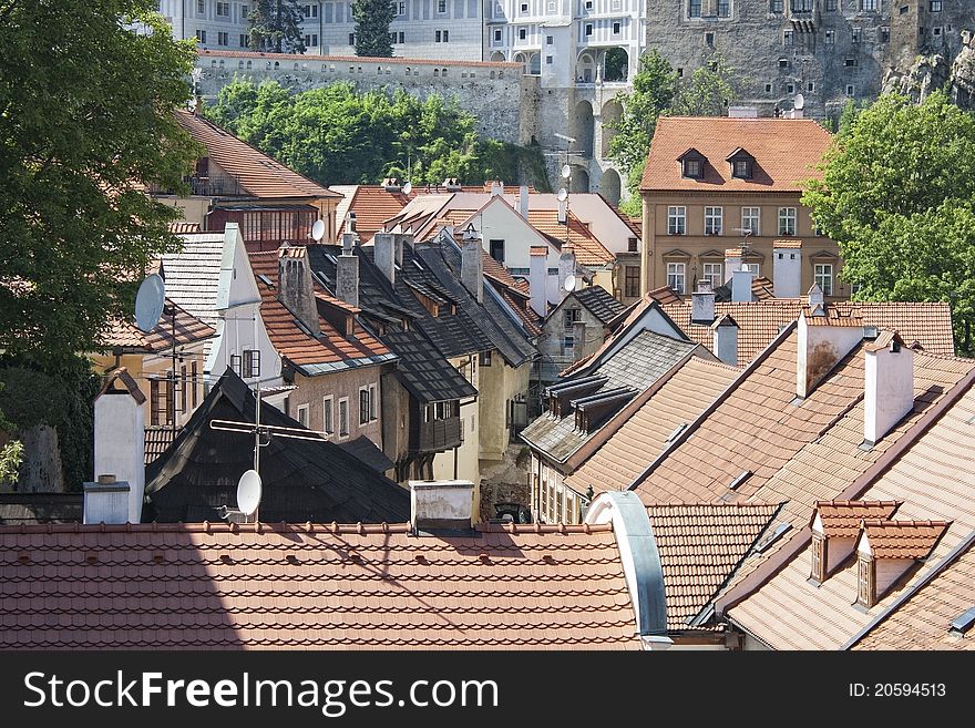 View of the roofs of the historical part of Cesky Krumlov, Czech Republic. View of the roofs of the historical part of Cesky Krumlov, Czech Republic