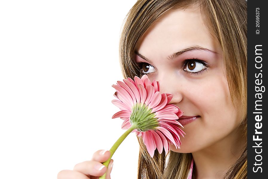 Attractive smiling woman portrait on white background