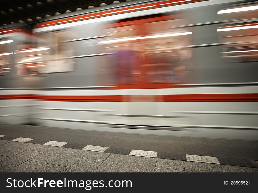 Subway train is arriving in station, Prague