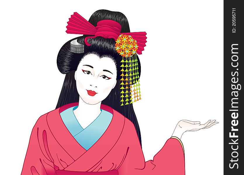 Welcome from Japanese geisha in ethnic kimono. Welcome from Japanese geisha in ethnic kimono