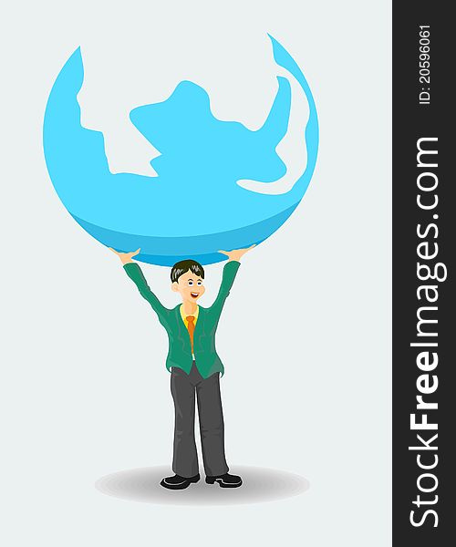 Businesman Holding The Blue Cartoon Globe