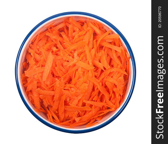 Studio shot of shredded carrots in bowl on white background