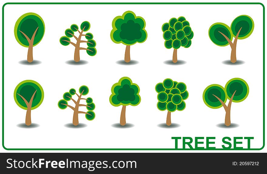 Set illustration of green cartoon tree. Set illustration of green cartoon tree