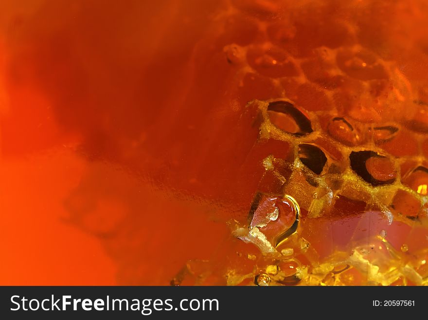 Honey background with close-up on honeycomb
