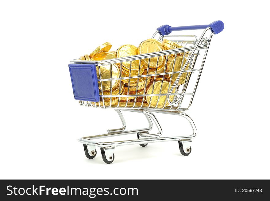 Shopping card full of gold euro coins isolated on a white backgraund