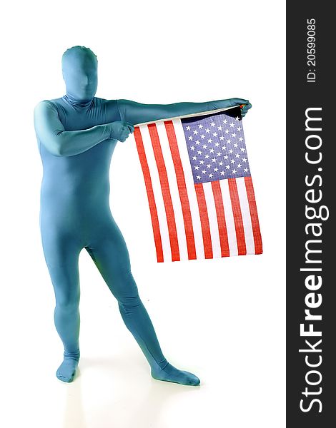 A blue morph proudly displaying the American flag. Isolated on white. A blue morph proudly displaying the American flag. Isolated on white.