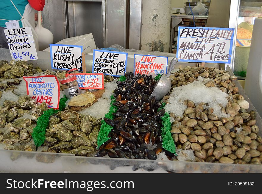 Pike Place Market clam, muscles, oysters