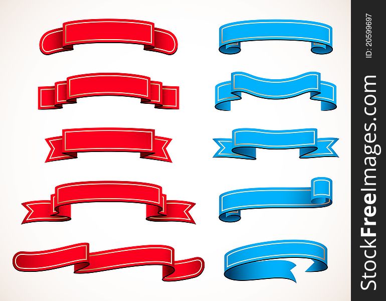 Collection of red and blue ribbons on a white background