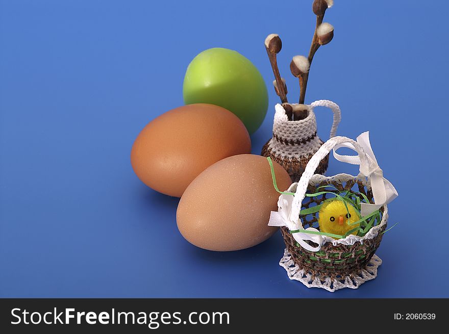 Easter decoration with eggs and lamb's tails. Easter decoration with eggs and lamb's tails