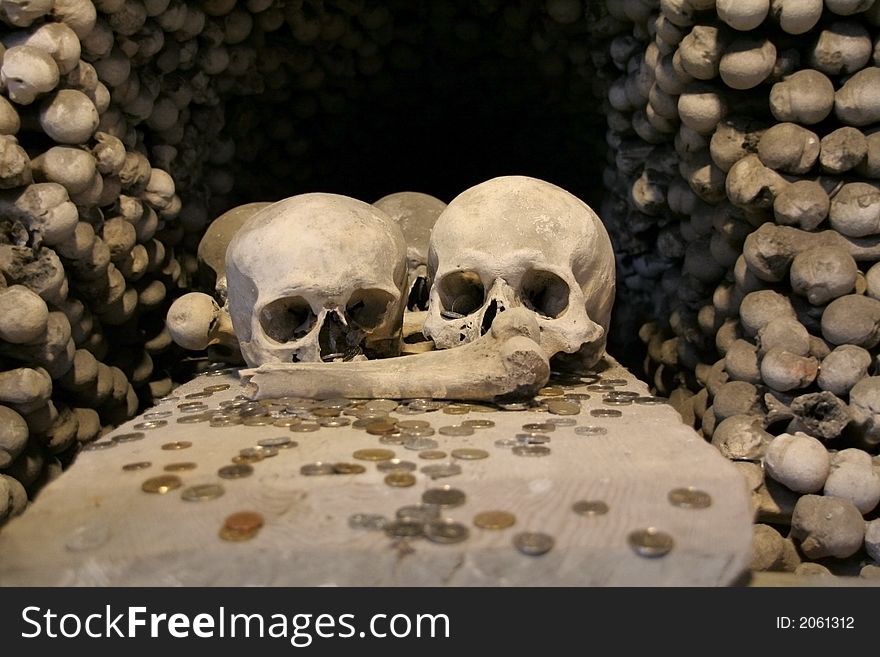 Human skulls of pandemic victims of black death at a Kutna Hora ossuary at Sedlec in Czech Republic. Human skulls of pandemic victims of black death at a Kutna Hora ossuary at Sedlec in Czech Republic
