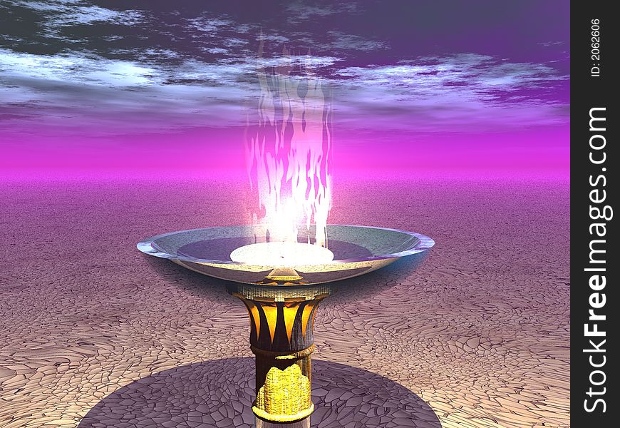 Scene of the glass chalice with fire costing in desert. Scene of the glass chalice with fire costing in desert