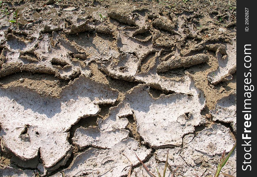 Dry mud, dirt - texture, gray and brown color, crust of desert after rain, drought