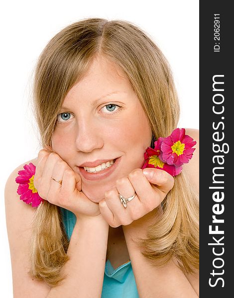 Portrait of a beautiful girl with flowers hairstyle. Portrait of a beautiful girl with flowers hairstyle.