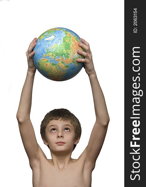 Boy holding globe model on white background. Boy holding globe model on white background