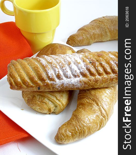 French breakfast with croissants and drink. French breakfast with croissants and drink