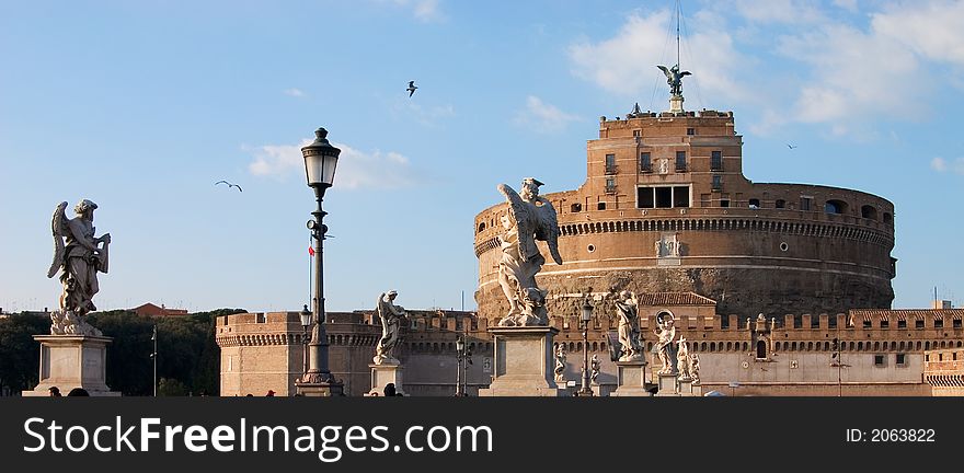 Angels on the bridge in front of Castle St. Angelo in Rome, Italy