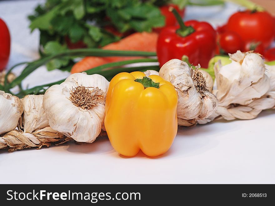 Vegetables arrangement with yellow papper focused. Vegetables arrangement with yellow papper focused