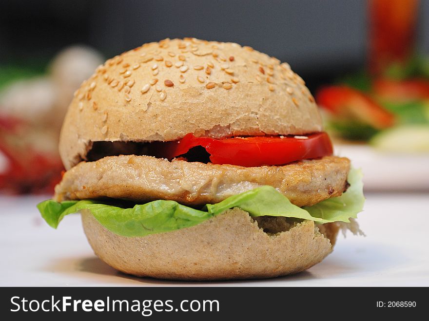 Close up of hamburger sandwich