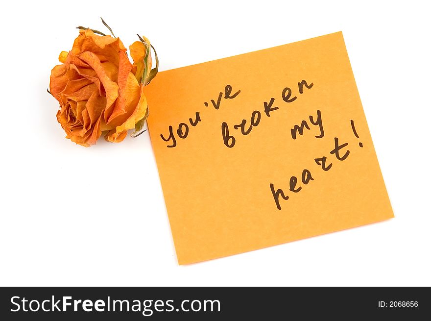 Orange note paper with inscription you`ve broken my heart  and rose bud isolated over white