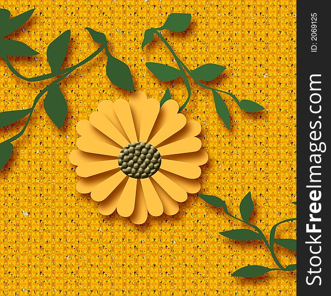 Colorful yellow sunflower and leaves on background. Colorful yellow sunflower and leaves on background