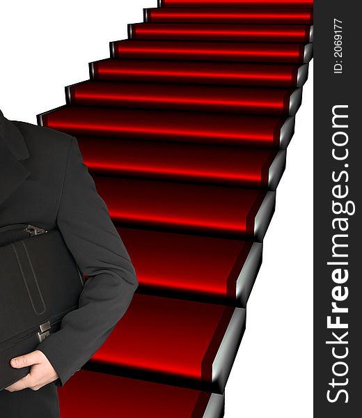A man with a brief-case goes down on a stair on a white background