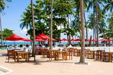 Terrace Of A Restaurant With Red Sun Shades Stock Image Terrace Of A Restaurant With Red Sun Shades Stock Image