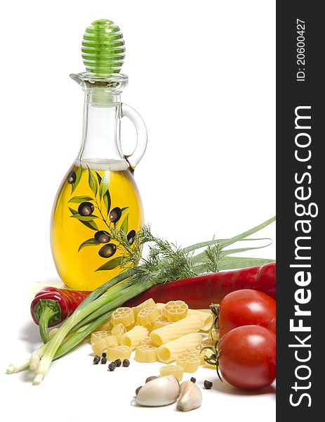 Tomatoes and pasta with spice on white background