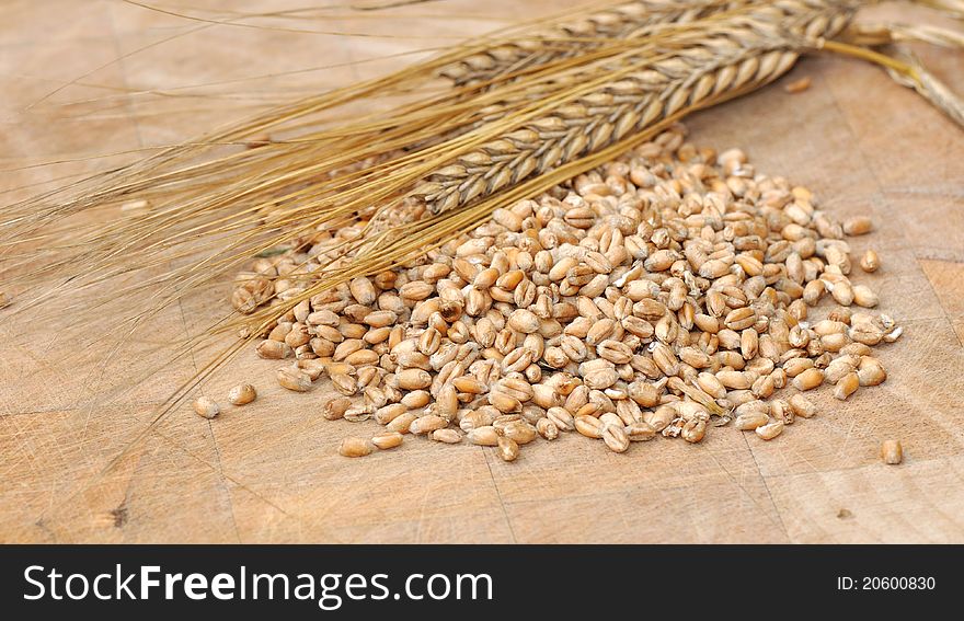 Lots of cereal grains with ears on wooden board. Lots of cereal grains with ears on wooden board