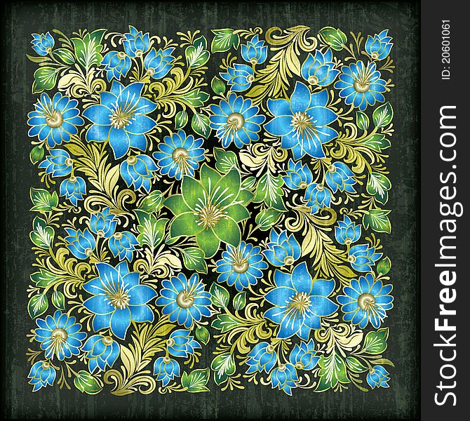 Abstract black grunge background with blue floral ornament. Abstract black grunge background with blue floral ornament