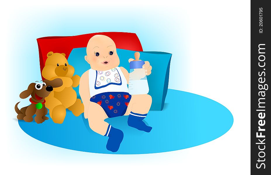 Baby boy with toys and bottle of milk, vector format. Baby boy with toys and bottle of milk, vector format