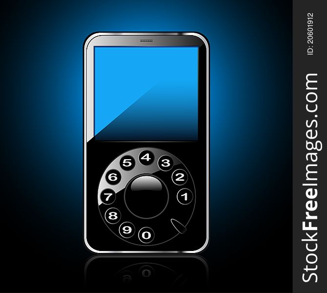 Illustration of a mobile phone with disk against, on a dark blue background.