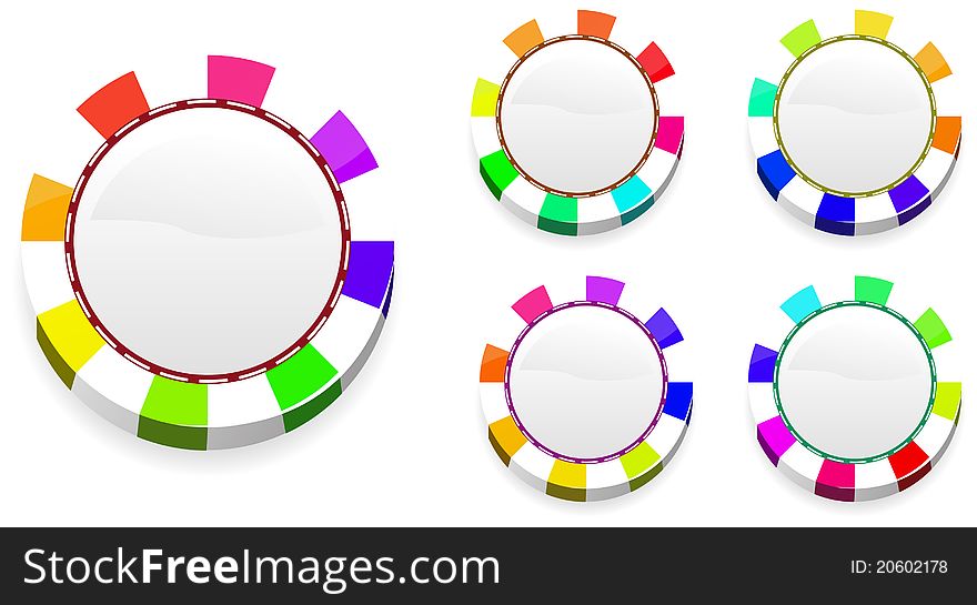 Set of abstract rainbow casino chips on white background