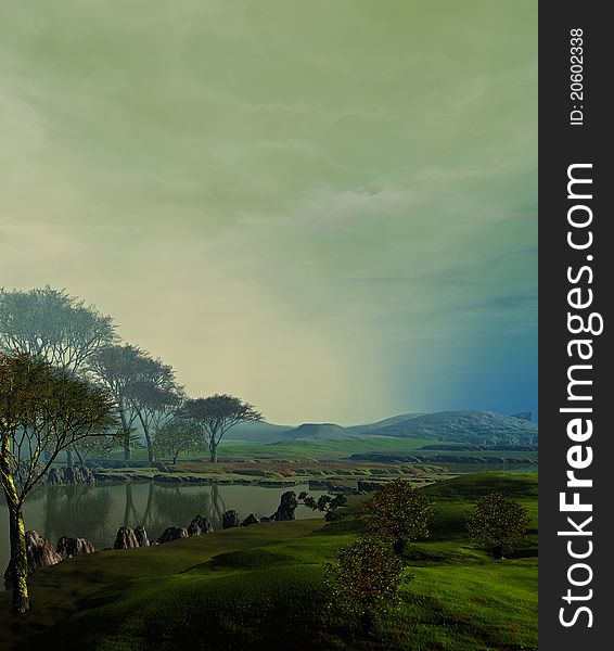 An outdoor scene of of a lake with trees and distant mountains , 3d render. An outdoor scene of of a lake with trees and distant mountains , 3d render