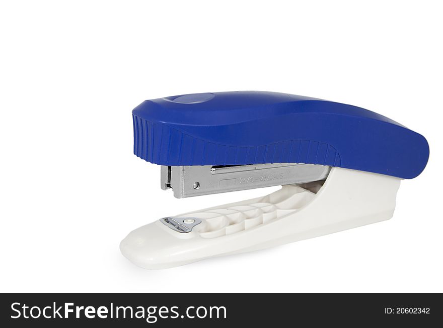 Single blue stapler on white background