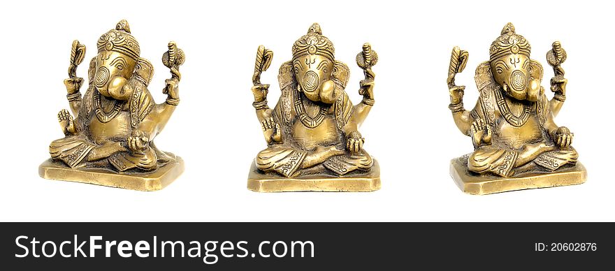 Three views of bronze statuette of Ganesha - Hindu god isolated on white.