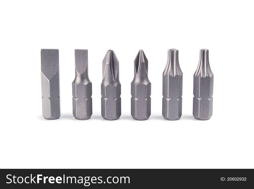 A set of tips for screwdrivers isolated on a white background. A set of tips for screwdrivers isolated on a white background