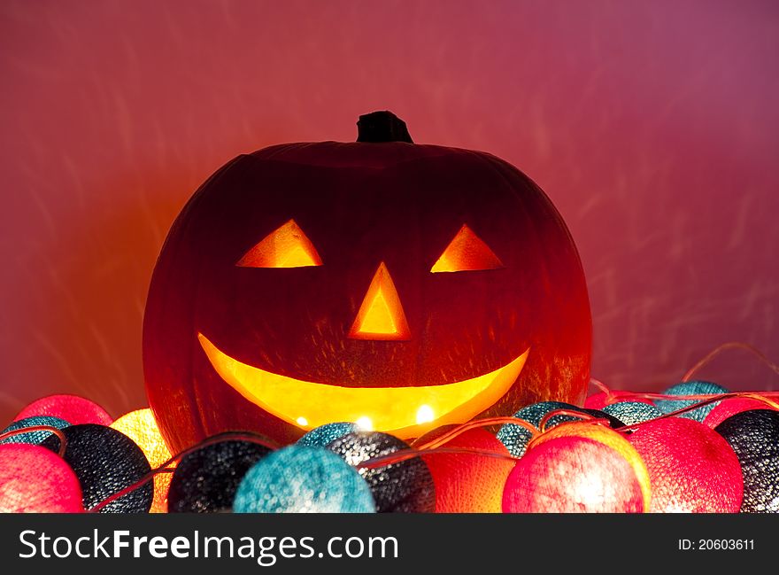 Halloween lantern lit by an electric garland